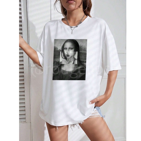 White Oversized Tee Crewneck Short Sleeve Printed Appliqué Modern Mona Lisa - Picture 6 of 11
